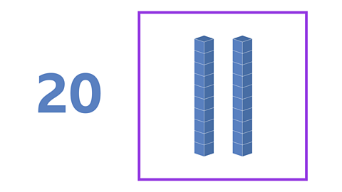 The number 20. Both digits are blue. To the right there is a square containing 20 blue blocks.