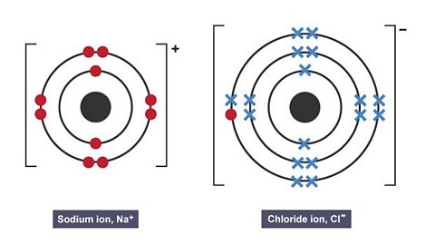 A sodium ion and a chloride ion are formed. They both have a stable full outer shell. The two ions have opposite charges and are held together by an electrostatic attraction.