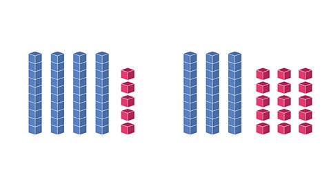 Groups of 4 tens and 5 ones, and 3 tens and 15 ones.