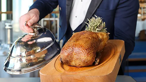 Rocast duck on serving board for Le canard à la presse (Credit: Jodi Hinds)