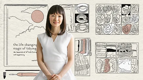 An image of Marie Kondo with an illustration of her book and organizational compartments behind her (Credit: Emmanuel Lafont/ KonMari Method)