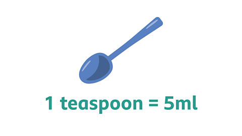 A teaspoon with the label 1 teaspoon equals 5 millilitres. 