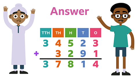 Heading has changed to 'Answer'. The sum is not faded and the answer row shows 37814.