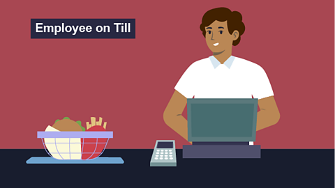 Graphic of man working at a till in a burger restaurant.
