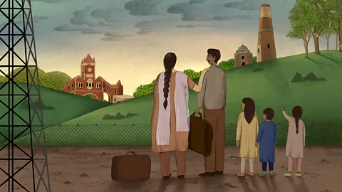 An illustration of a family in traditional Indian dress look at hills behind a fence (Credit: Prashanti Aswani)