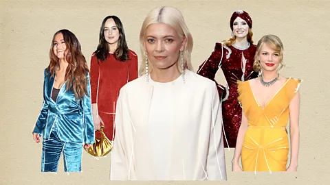 Illustrated collage of Kate Young with Selena Gomez, Dakota Johnson, Jessica Chastain and Michelle Williams in gowns Young styled (Credit: Serenity Strull/ BBC/ Getty Images)