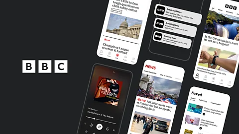 A composite image featuring the BBC logo on a black background, and screenshots of the BBC app, including showing news, features, podcasts and push notifications