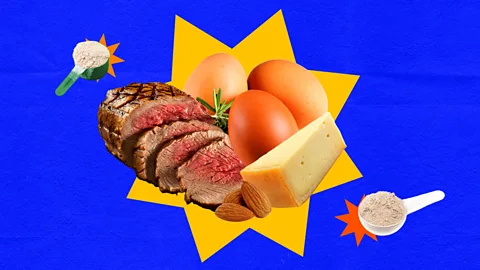 A collage of protein-rich foods: steak, almonds, eggs and cheese with two scoops of protein powder in front of a blue background and yellow star (Credit: Serenity Strull/ BBC)