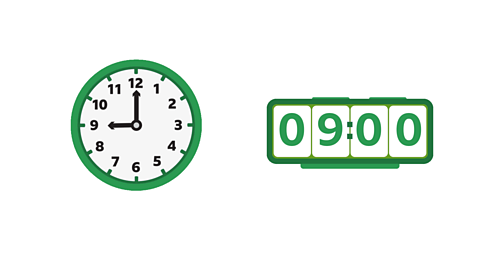 A 12-hour clock reads 9 'clock and a 24-hour clock that reads 09:00.