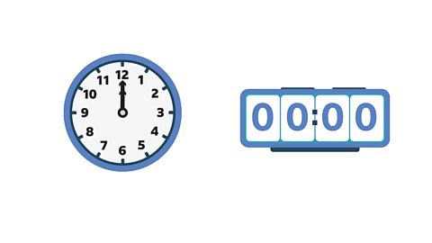 A 12 hour clock reads 12 o'clock and a 24-hour clock reads 00:00.