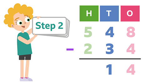 Column subtraction 548 - 234. Subtraction in the tens column 4 - 3 = 1