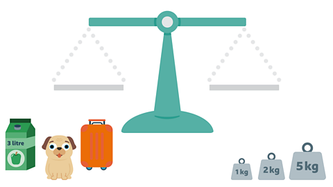 A carton of juice, a dog and a suitcase and a series of weighing masses next to a balance scale.