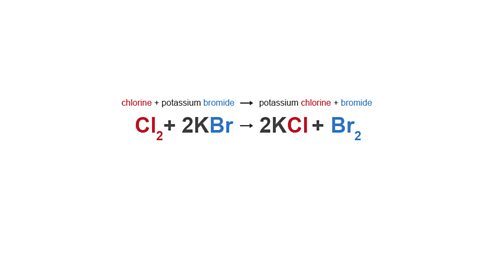 Equation: chlorine reacts with potassium bromide. In this reaction, just the bromine and the chlorine react - the potassium is just a spectator.