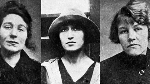 Three black and white photographs taken from the Police Gazette, 1921 of three members of the Forty Elephants gang – Bertha Tappenden, Madeline Partridge, Gertrude Scully (Credit: Police Gazette/ National Archives)