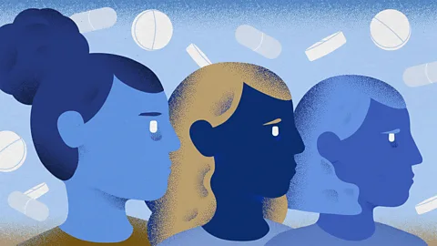 An illustration of three women in different shades of blue, with pills floating in the background (Credit: Dempsey Ewan)