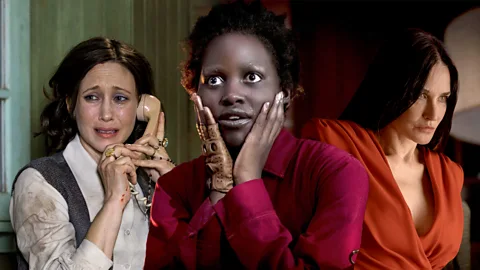 A collage of Vera Farmiga in The Conjuring, Lupita Nyong'o in Us and Demi Moore in The Substance (Credit: BBC)