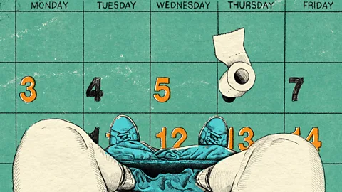 An illustration of a person sitting down on a toilet, with a calendar in the background, and a roll of toilet paper (Credit: Emmanuel Lafont/ BBC)