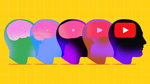 Graphic illustration of five heads in a line with the shape of the brain morphing into the YouTube play symbol (Credit: Estudio Santa Rita)