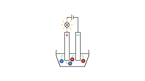 Positive ions (cations) are attracted to the negative electrode (cathode), while the negative ions (anions) are attracted to the positive electrode (anode).