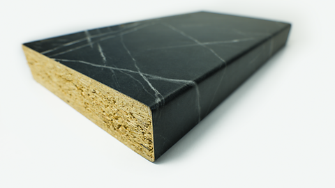 Piece of worktop coated with melamine in a black marble effect