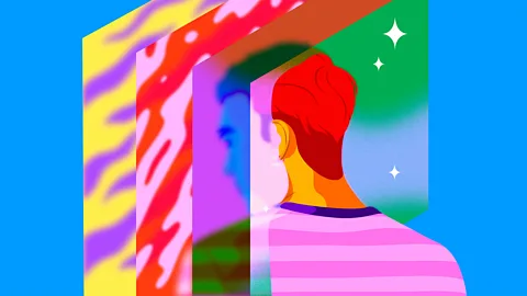 A brightly-coloured illustration showing a man walking through an increasingly blurry series of screens (Credit: Estudio Santa Rita)