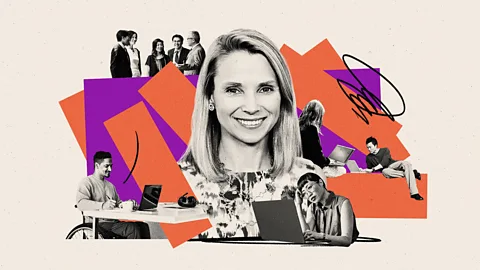 Collage of Marissa Mayer around blue and purple rectangles, and images of people working on computers and talking together (Credit: Klawe Rzeczy/BBC/Getty Images)