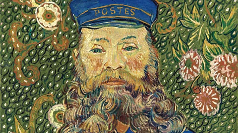 Detail of painting showing face of man with postman’s hat and full beard with floral backdrop (Credit: Courtesy Museum of Fine Arts, Boston)