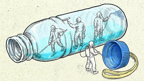 Illustration of a bottle with people wearing protective suits cleaning the inside with the cap of the bottle to the right (Credit: Gorka Olmo)