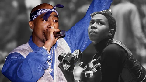 Composite of a coloured picture of Tupac and Afeni Shakur in black and white (Credit: Getty Imahes