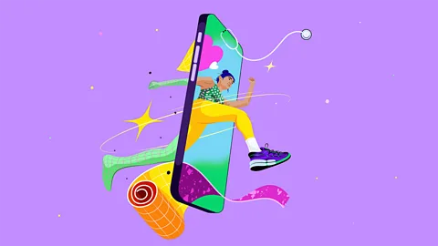 Colourful illustration of a woman running through a mobile phone. One of her legs coming out of the screen of the phone looks real, the other behind the screen looks digital (Credit: Estudio Santa Rita/BBC)