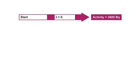 At t = 0, activity is at 3600 Bq.