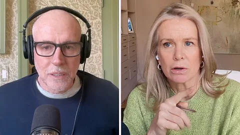 BBC Special Correspondent Katty Kay speaks to professor Scott Galloway via video call. She is shown from behind wearing a green jumper and using a black microphone. Galloway can be seen on Kay’s monitor wearing headphones and glasses (Credit: BBC)