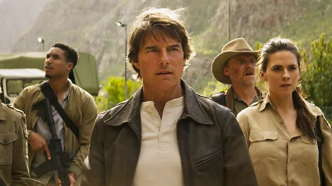 A still from Mission Impossible - The Final Reckoning, showing (l-r) Greg Tarzan Davis, Tom Cruise, Simon Pegg and Hayley Atwell (Credit: Paramount)