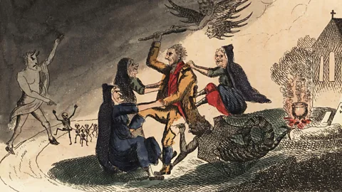 A painting of a witch hunter, fighting with three old women in cloaks and the devil (Credit: Alamy)