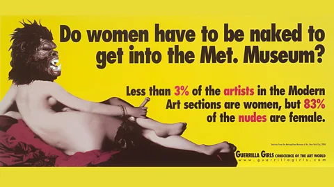 The "naked poster" – a yellow poster showing the back of a naked woman wearing a gorilla mask, with text that reads "Do women have to be naked to get into the Met. Museum? Less than 3% of the artists in the Modern Art sections are women, but 83% of the nudes are female." (Credit: Guerrilla Girls)