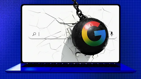 A graphic which shows a wrecking ball with the Google logo on it smashing into a web page with a blue background (Credit: Serenity Strull/ BBC/ Getty Images)