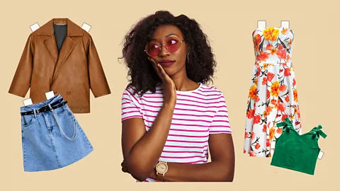 A collage of a woman looking to the side, surrounded by items of clothing (Credit: Yun Sun Park / Getty Images)