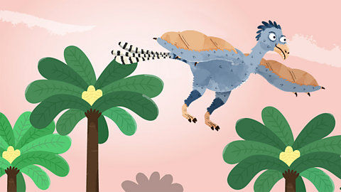 Image of a blue dinosaur with wings flying from a tree