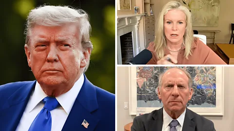 Richard Haass is shown speaking to Katty Kay via videoconference. He can be seen on a computer monitor wearing a black suit, white shirt and purple tie. Kay is shown from behind while wearing a tan-coloured short-sleeved top (Credit: BBC)