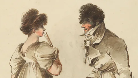 A watercolour painting from 1802 showing a Regency woman and man talking. The woman is holding a fan in front of her face (Credit: Getty Images)