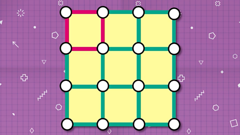 Square model made of rods and connectors, from the top left corner, rods are highlighted to show a square with sides of one within the larger model.