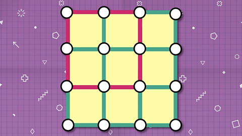 Square model made of rods and connectors, from the top left corner, rods are highlighted to show a square with sides of two within the larger model.