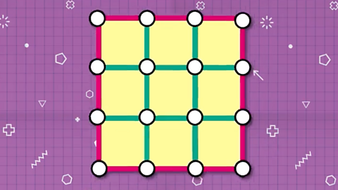Square model made of rods and connectors, the outer rods are all highlighted to show the largest square.