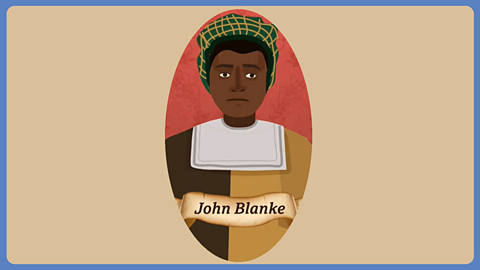 An illustration of a man dressed in Tudor dress and a headdress, with a scroll in front of him saying John Blanke.