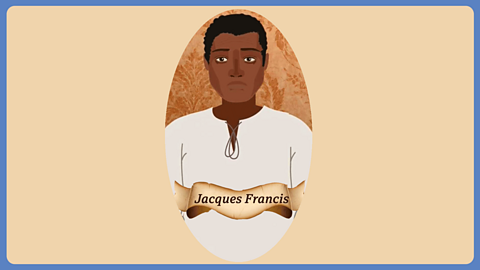 A drawing of a young man dressed in a white shirt with a scroll behind him with the words Jacques Francis.