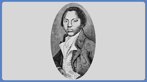 An etching of a man dressed in a red 18th Century clothes with an open book in his hand