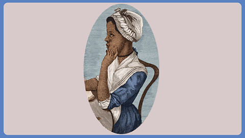 An etching of a a woman in side profile, sitting at a table, dressed in a mop cap and shawl