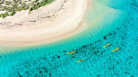 Four yellow kayaks in just offshore a sany beach in turquoise water (Credit: Exmouth Adventure Company)