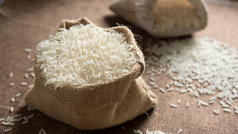A photo of rice in a canvas bag.