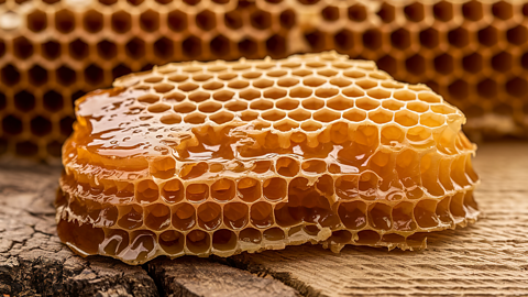 A photo of raw honeycomb with honey seeping out.